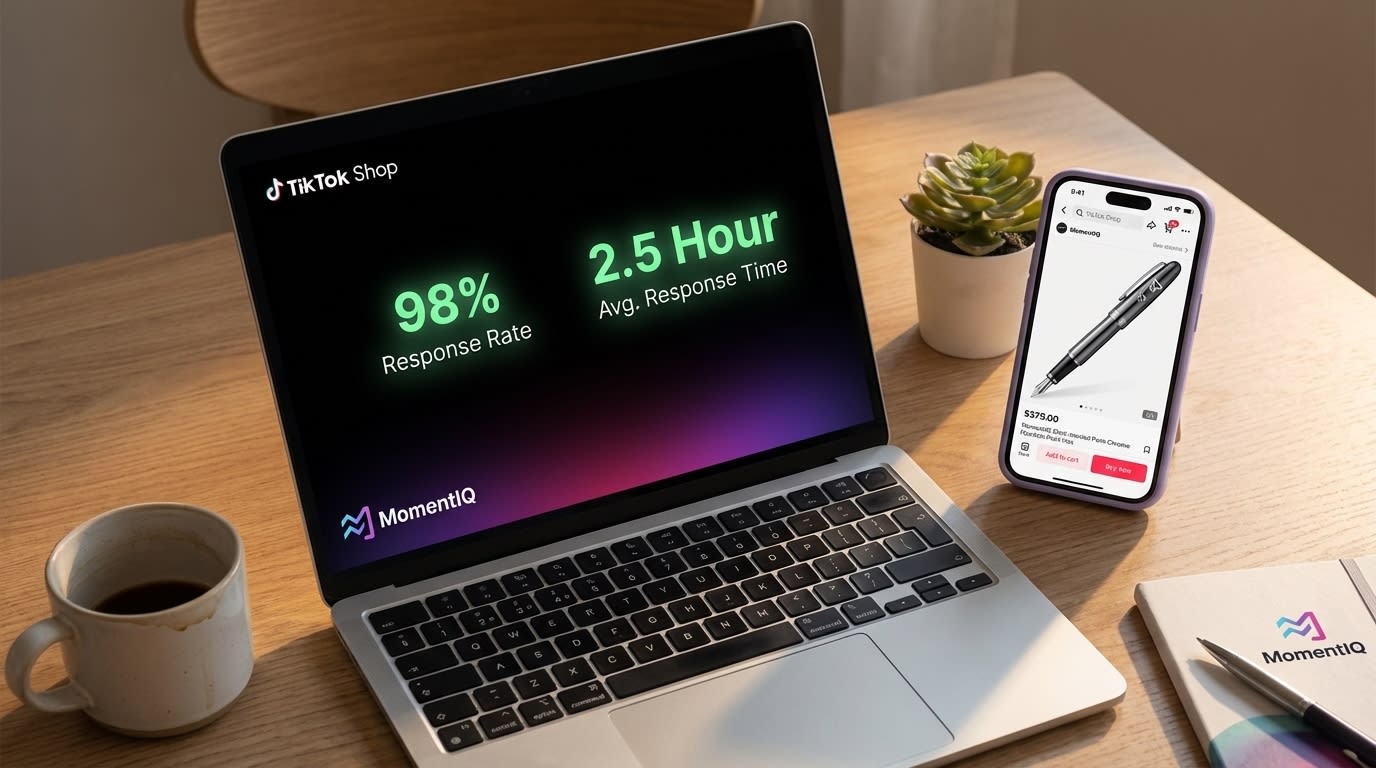 Flat lay of a desk showing TikTok Shop seller dashboard with high response rates and a phone displaying increased product visibility.
