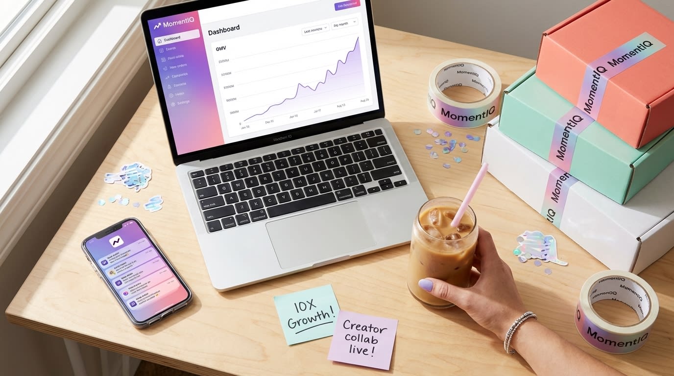 Flat lay of TikTok Shop seller desk with order notifications, rising sales dashboard, and branded product boxes ready to ship
