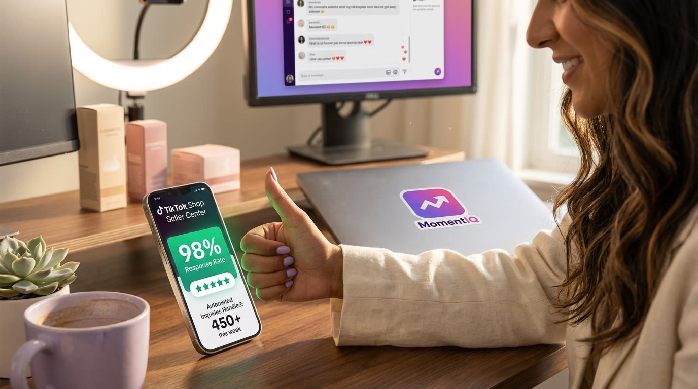 TikTok Shop seller proudly showing a high seller score and 5-star rating on their phone with organized workspace behind