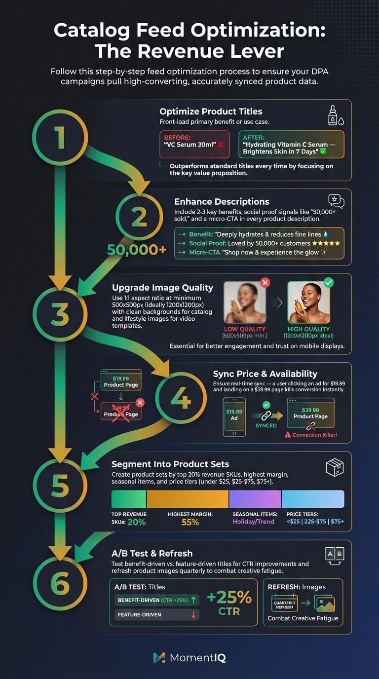 Process flow infographic illustrating six steps to optimize TikTok Shop catalog feed for DPA including title optimization, description enhancement, image quality, price sync, product segmentation, and A/B testing