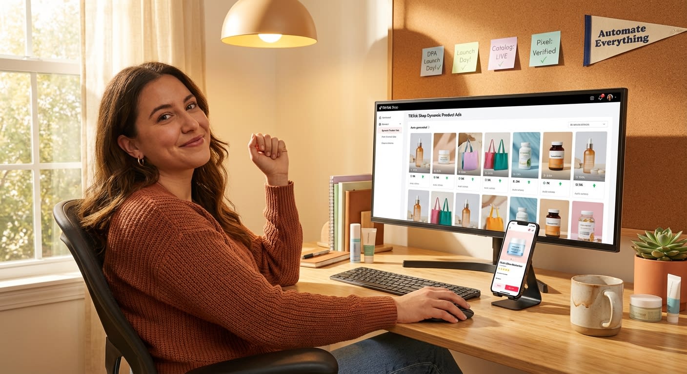 Brand strategist confidently reviewing TikTok Shop Dynamic Product Ads dashboard with auto-generated personalized creatives
