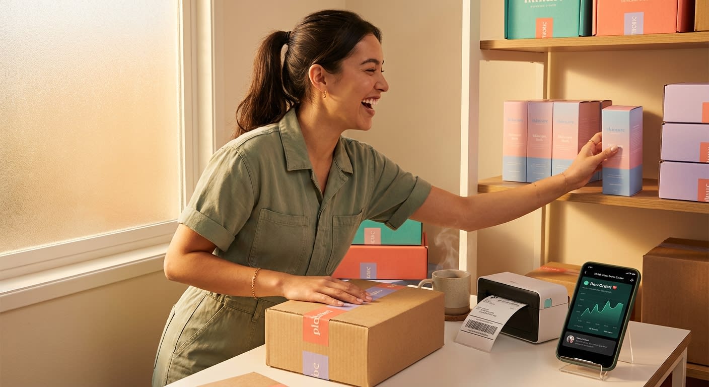 Energetic TikTok Shop seller packing orders in organized fulfillment warehouse with sales notifications on phone