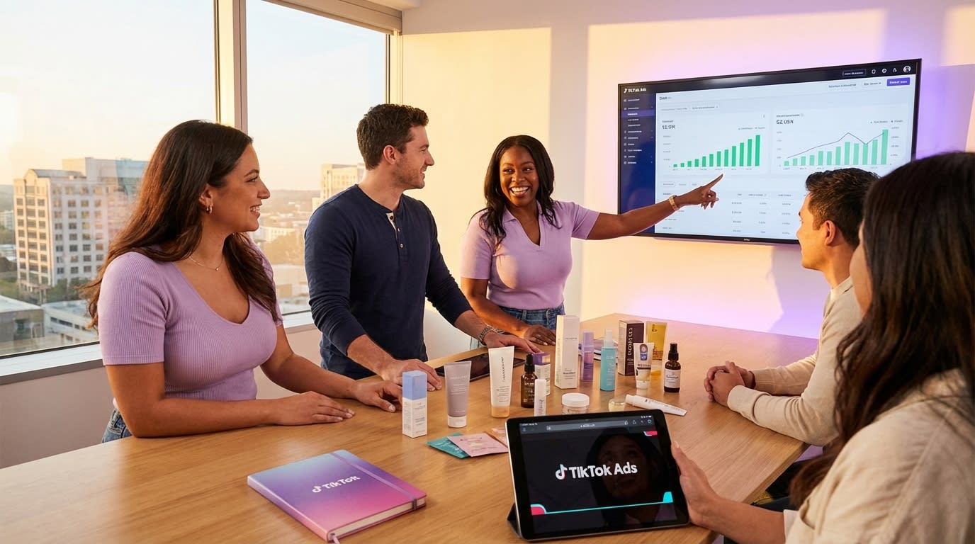 Modern TikTok Shop brand office with team reviewing DPA campaigns and product samples at golden hour