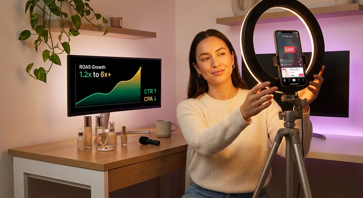 TikTok Shop creator in studio setup reviewing ROAS growth dashboard while preparing product content for dynamic ads