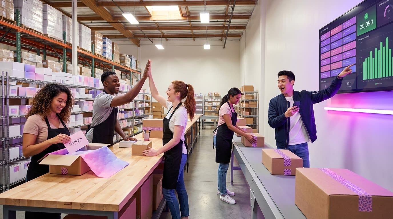 TikTok Shop fulfillment team efficiently packing branded orders with live order feed showing DPA-driven sales volume