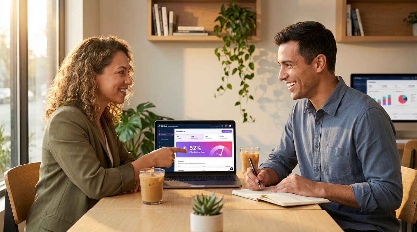 Two marketers reviewing TikTok Shop DPA campaign results showing 52 percent lower CPA at modern office workspace