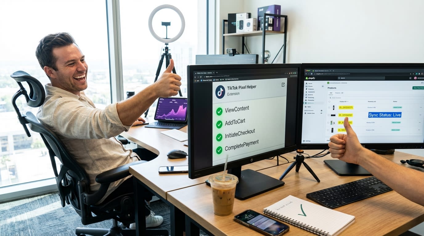 TikTok Shop seller verifying pixel event tracking with green checkmarks on dual monitor setup