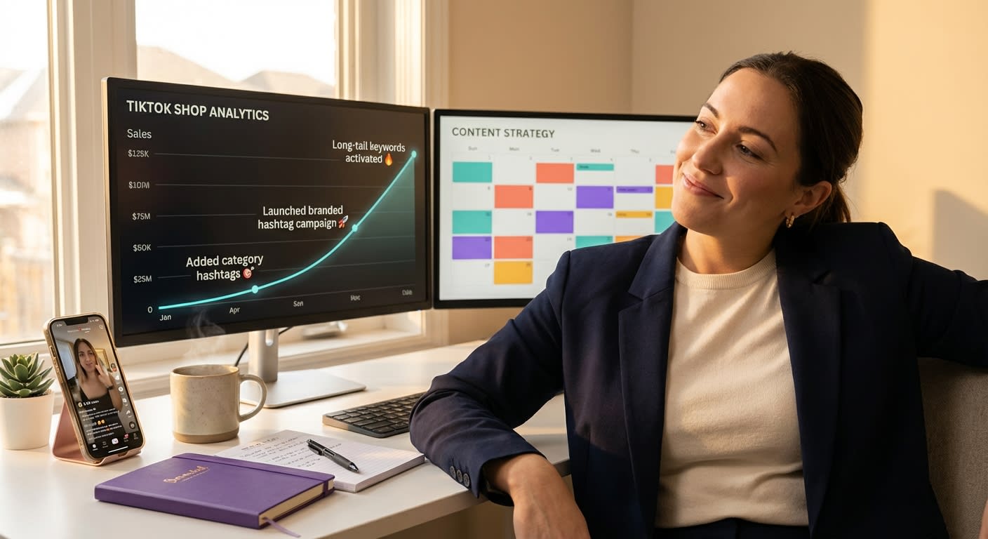 Brand manager reviewing TikTok Shop analytics dashboard showing sales growth driven by strategic hashtag layering system