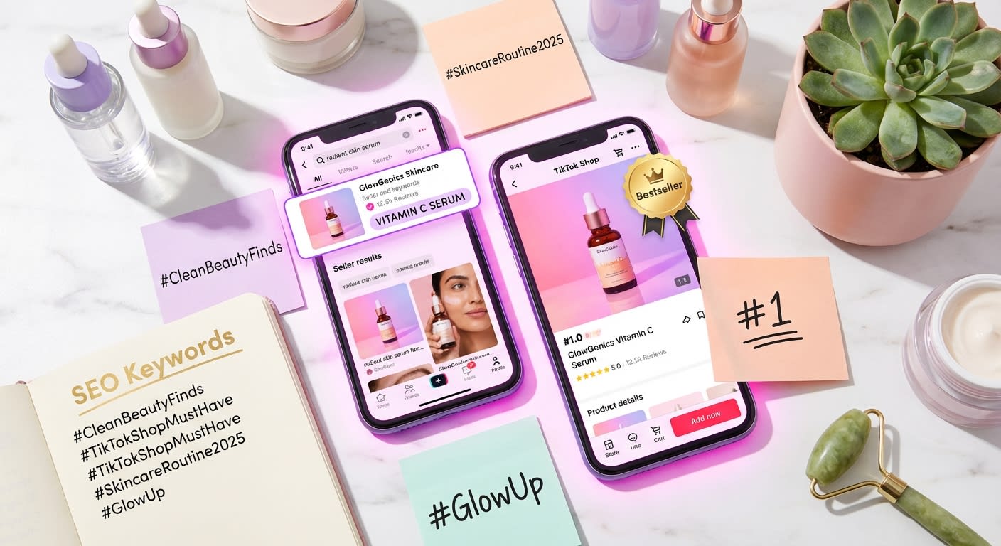 Flat lay of phones showing TikTok Shop search results and product listings surrounded by trending hashtag notes and beauty products
