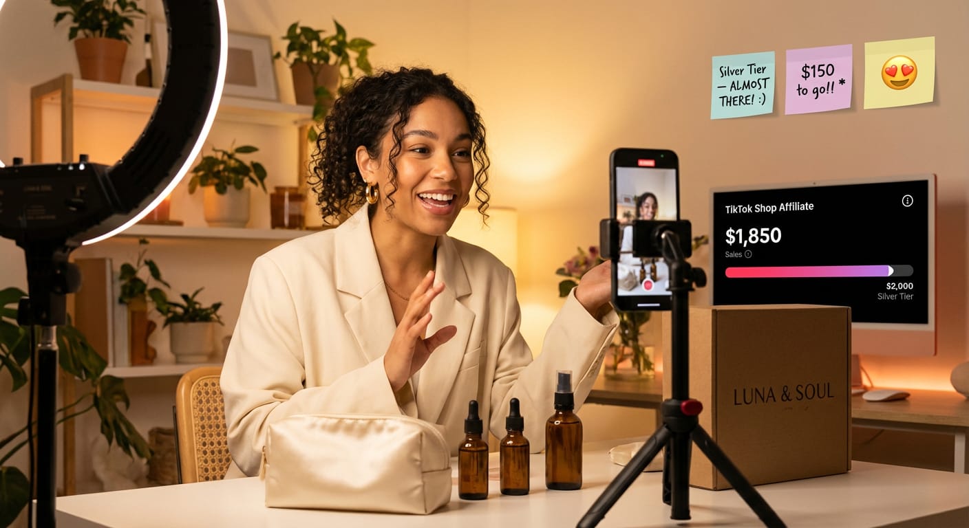 TikTok Shop creator filming product content in a professional studio setup with hashtag layering strategy displayed on screen