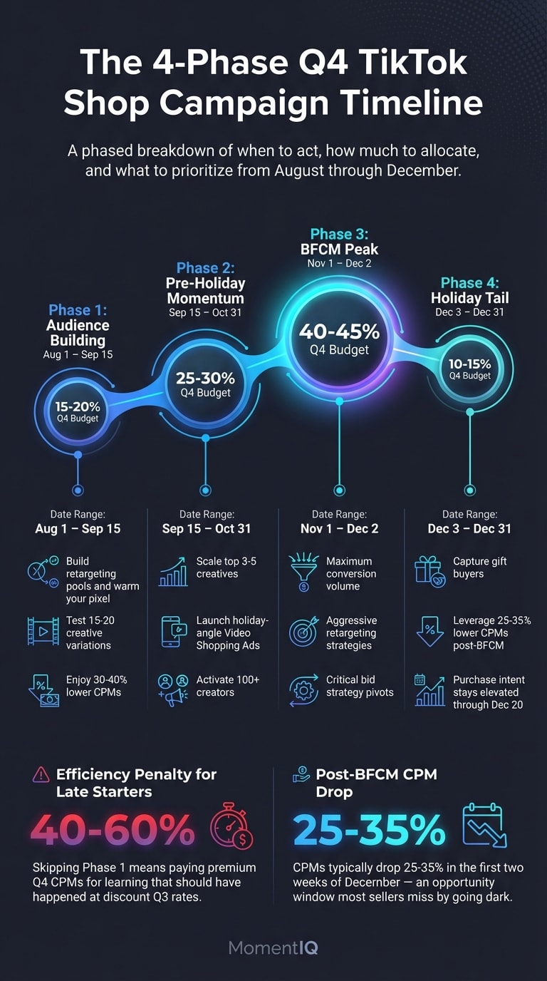 Timeline infographic showing the four phases of TikTok Shop Q4 ad campaigns from August through December with budget allocation percentages and key objectives for each phase