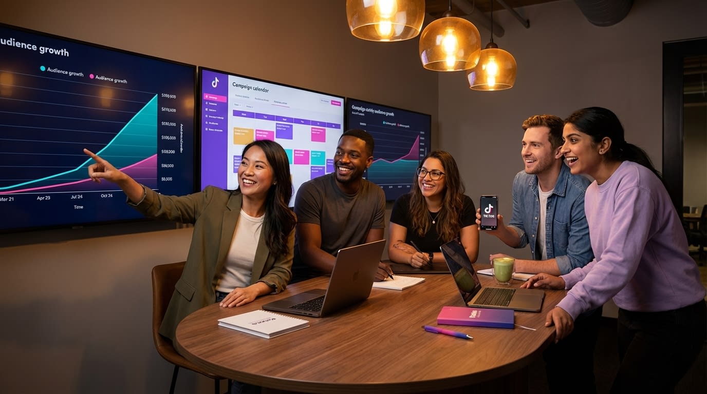 Brand team Q4 war room with TikTok Shop analytics dashboards and campaign planning screens