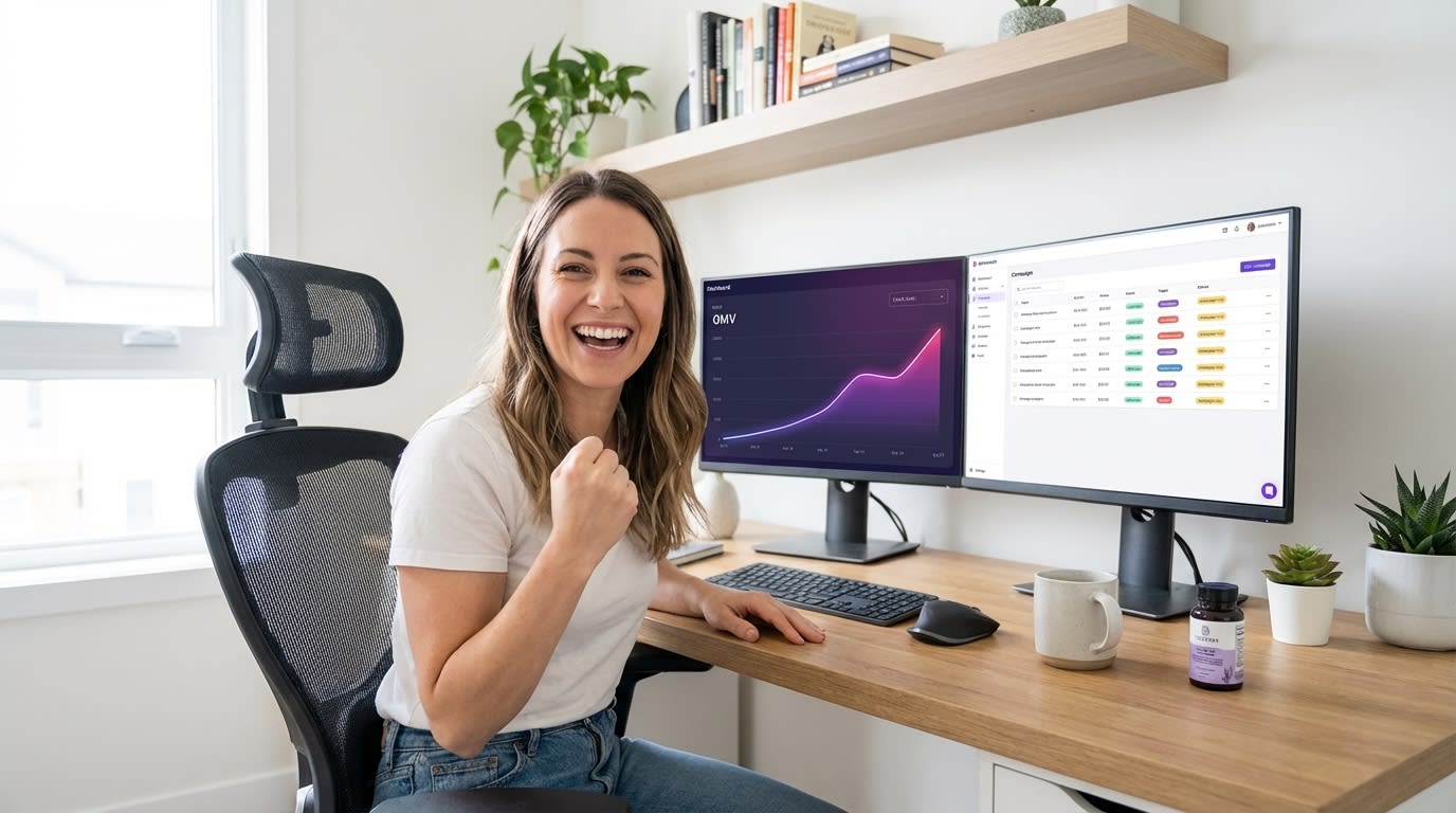 Confident TikTok Shop brand founder reviewing Q4 revenue projections at modern café workspace