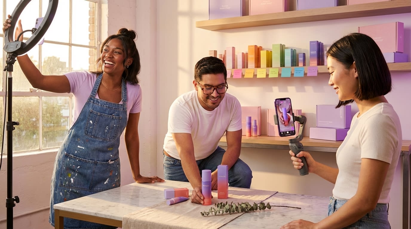 Content team batch filming TikTok Shop product videos with ring lights and styled product displays