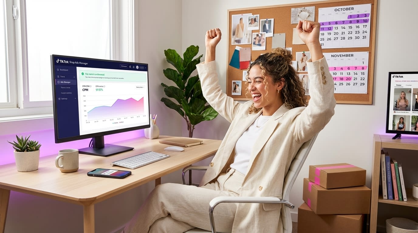 Entrepreneur celebrating locked-in TikTok Shop baseline CPMs before Q4 holiday season