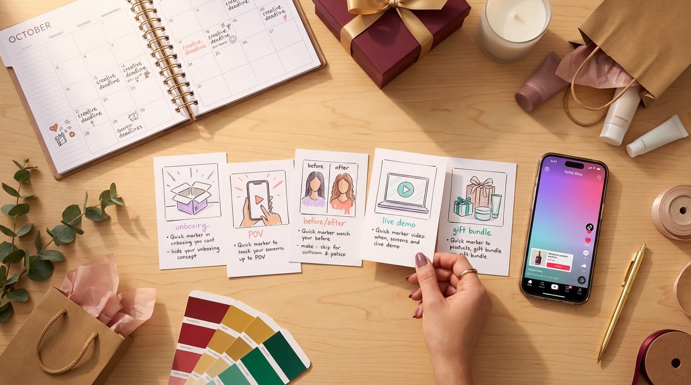 Flat lay of TikTok Shop Q4 creative pre-production materials with storyboards products and content calendar