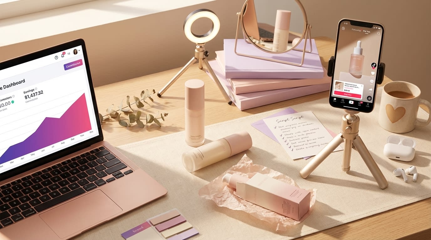 Flat lay of TikTok Shop creator production setup with products phone tripod and affiliate earnings dashboard