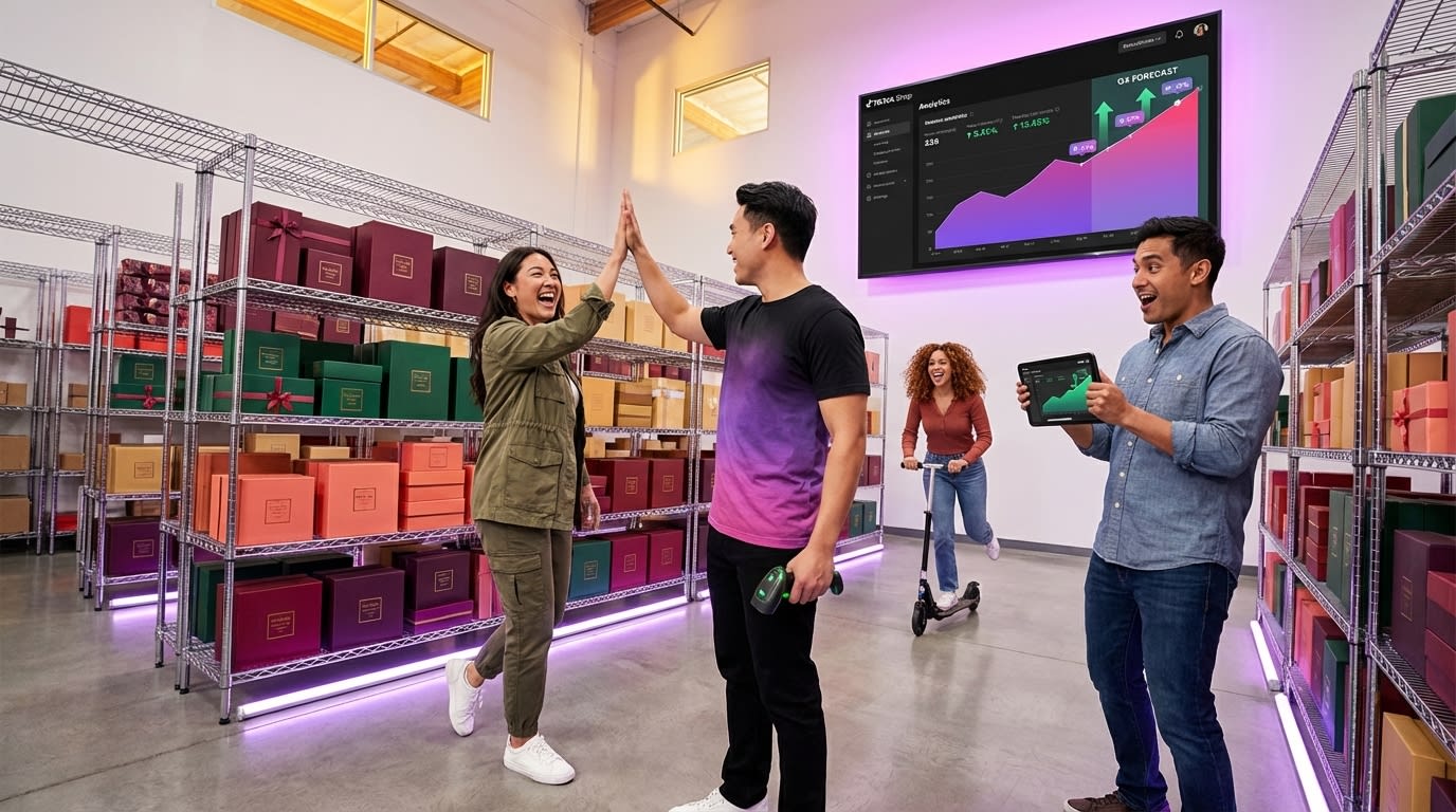 Organized warehouse team preparing TikTok Shop holiday inventory with order forecast dashboard