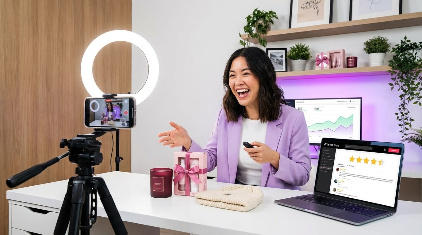 Professional TikTok Shop creator filming setup with holiday products ring light and 5-star review listings