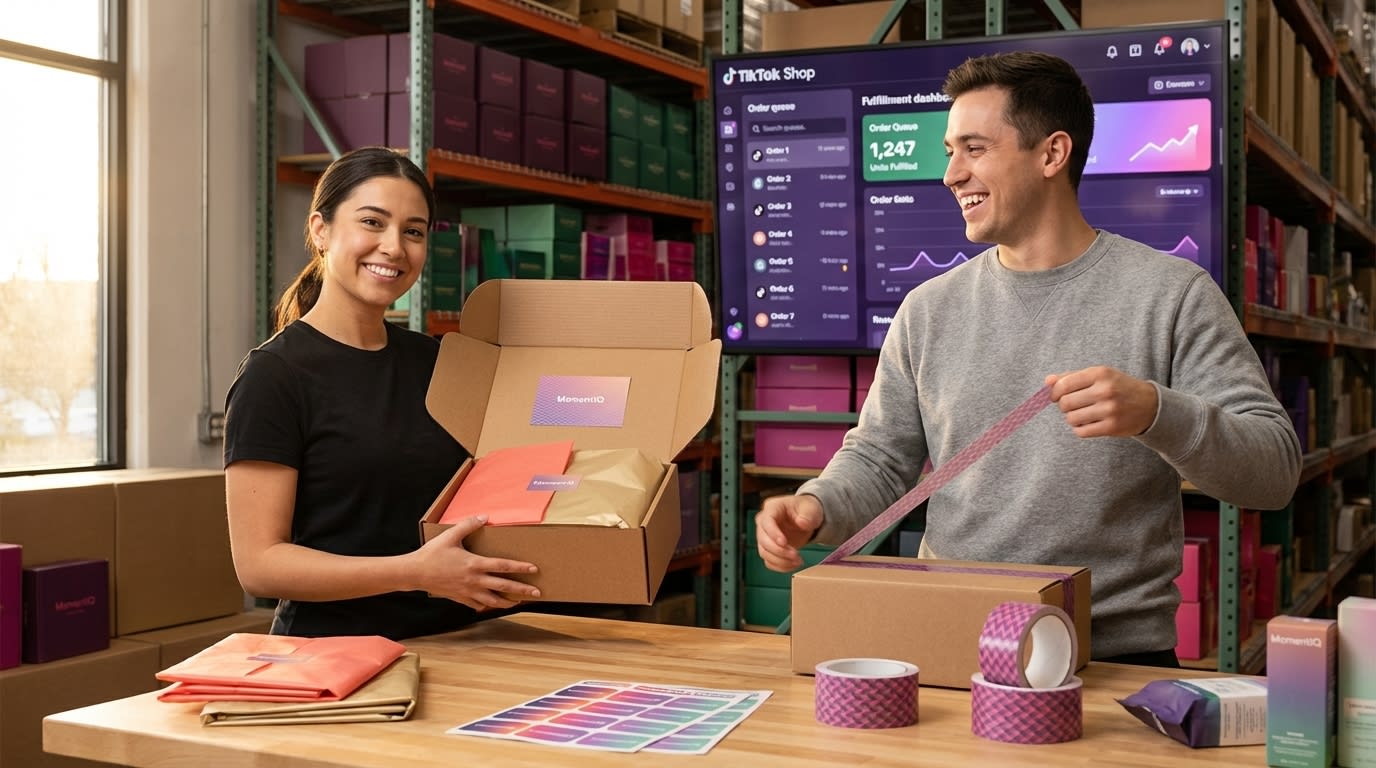 Team packing TikTok Shop holiday orders with branded packaging in organized fulfillment warehouse