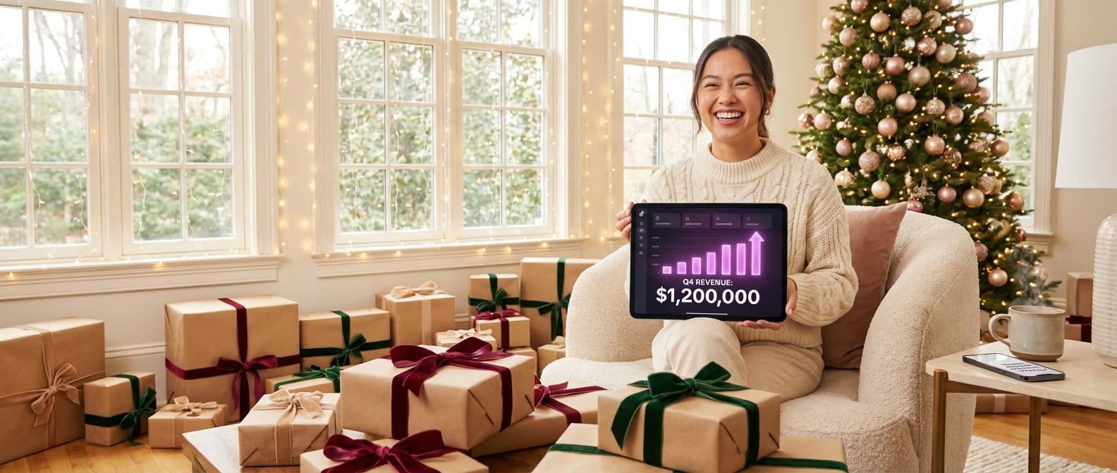 Successful TikTok Shop seller proudly reviewing impressive Q4 holiday revenue results in a cozy festive setting