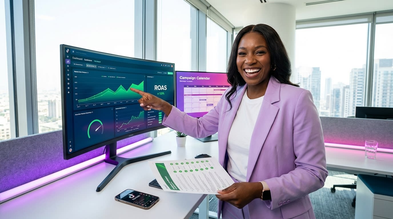 TikTok Shop ad performance baseline dashboard with CPM ROAS and conversion metrics for Q4 planning