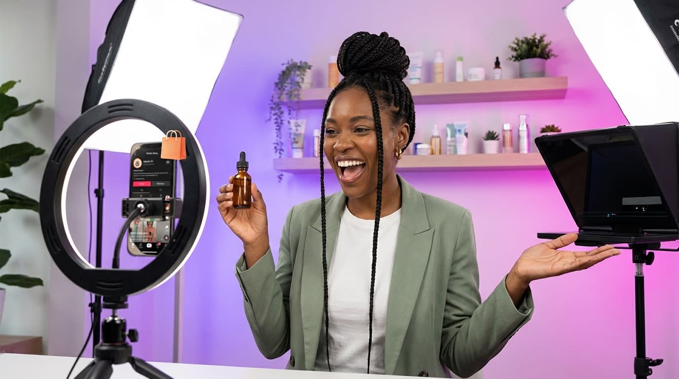 TikTok Shop creator confidently filming product review in professional home studio setup