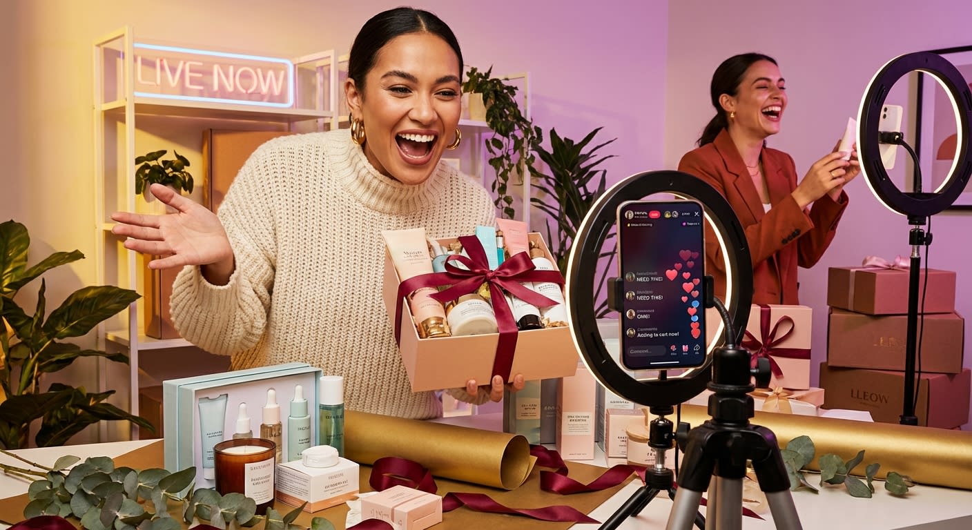 TikTok Shop creator excitedly filming holiday gift guide content in a vibrant ring light studio setup