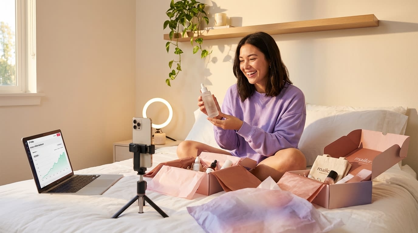 TikTok Shop creator excitedly unboxing multiple brand seeding packages with affiliate dashboard showing growth