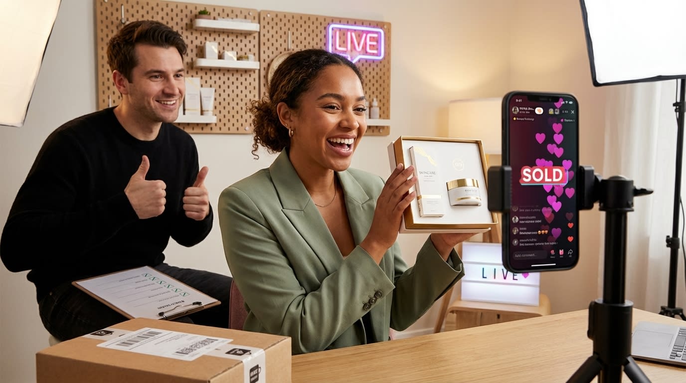 TikTok Shop live stream host confidently presenting product with heart emojis flooding chat