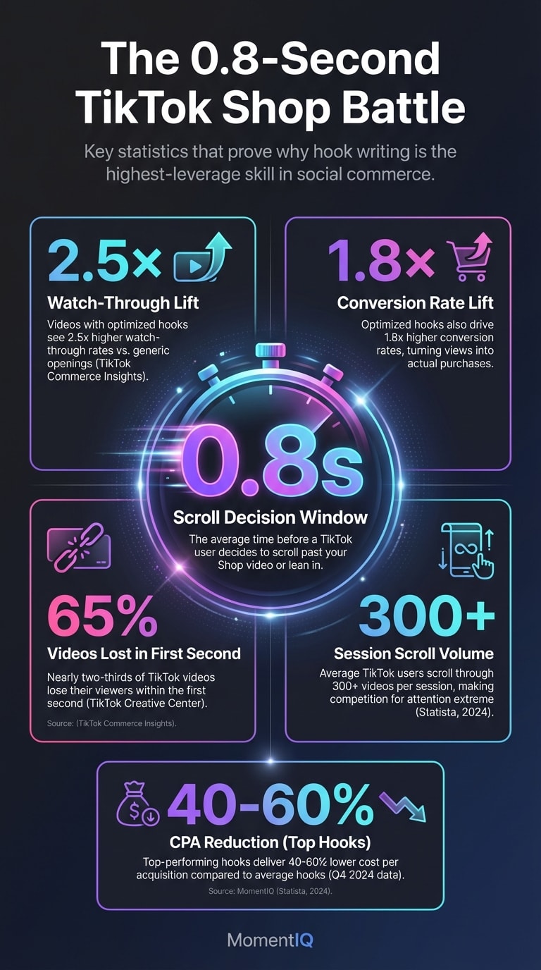 Infographic showcasing key TikTok Shop hook statistics including 0.8 second scroll decision window, 2.5x watch-through rate lift, 65 percent first-second viewer loss, and 40 to 60 percent CPA reduction from optimized hooks