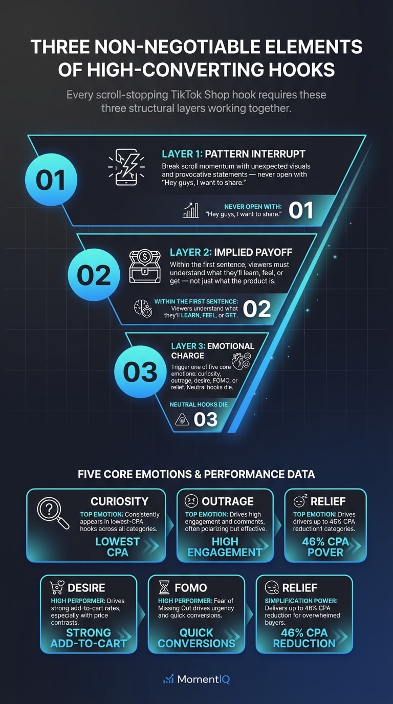 Pyramid infographic showing the three non-negotiable elements of high-converting TikTok Shop hooks: pattern interrupt, implied payoff, and emotional charge, with five core emotional triggers listed below