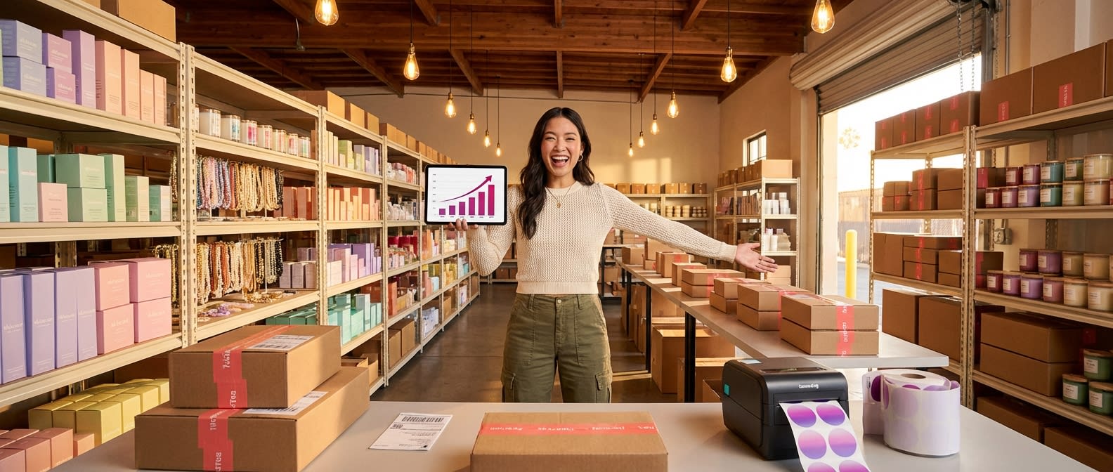 Entrepreneur proudly managing organized TikTok Shop fulfillment warehouse with colorful branded inventory ready to ship