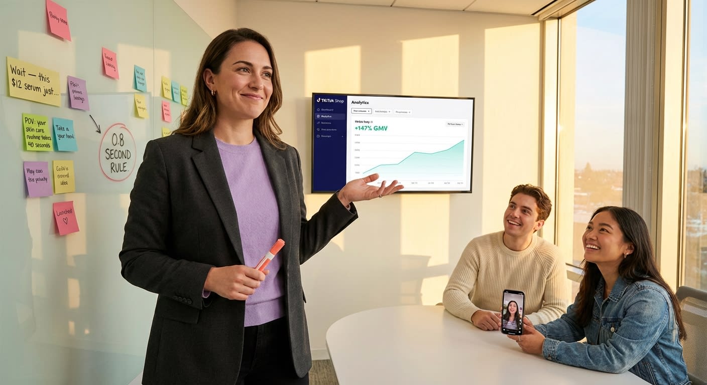 Brand strategy team confidently reviewing TikTok Shop hook performance data on a large analytics dashboard