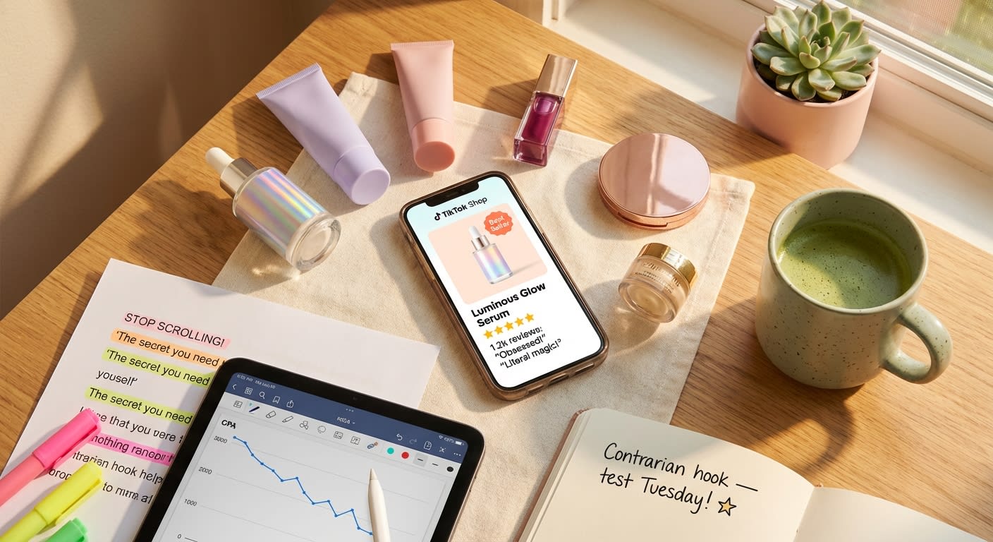 Flat lay of TikTok Shop hook formulas, product samples, and performance data on a creative workspace
