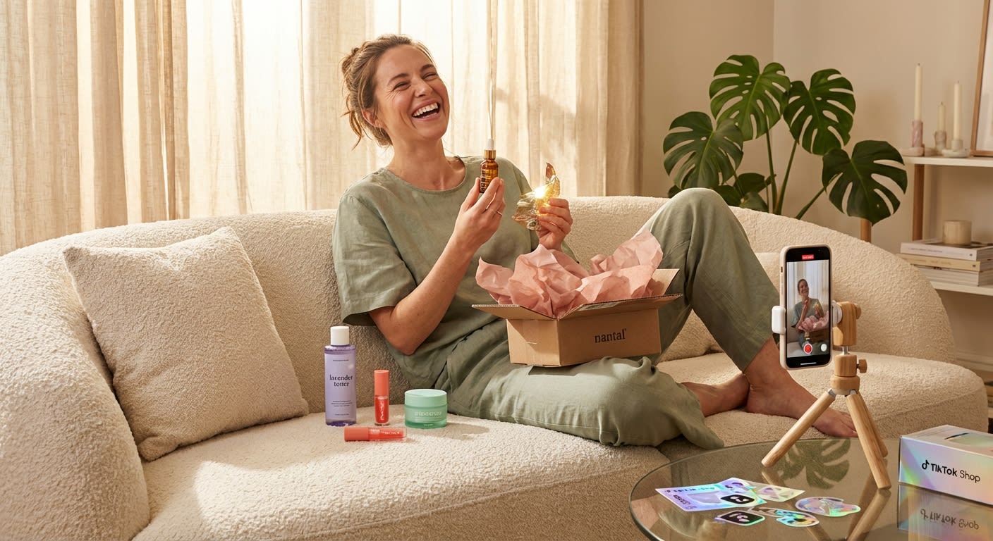 Lifestyle creator joyfully unboxing TikTok Shop beauty products while filming content on her phone