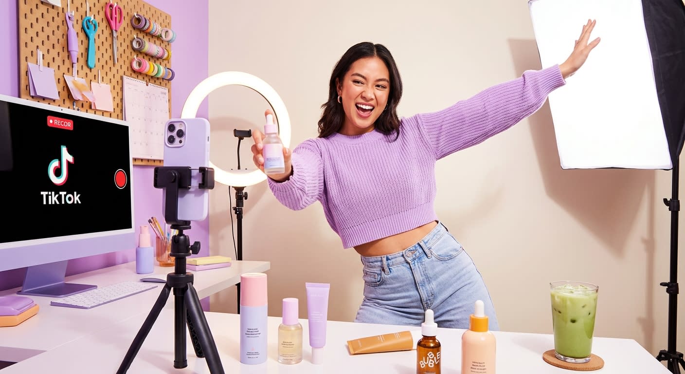 TikTok Shop creator energetically presenting a product in a professional ring light studio setup