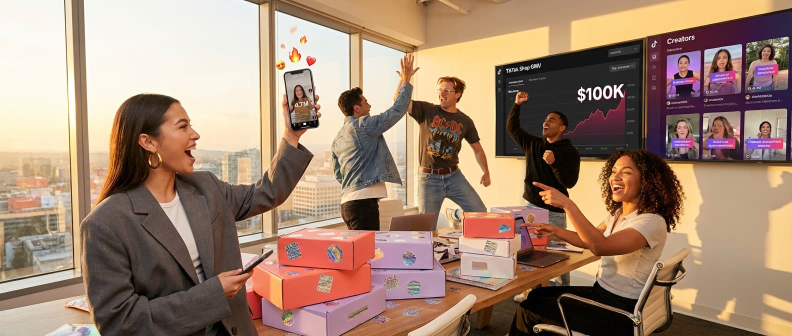 TikTok Shop agency team celebrating record GMV results with product seeding packages and live sales dashboards