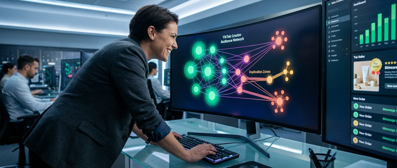 Data visualization of TikTok creator audience overlap network graph with TikTok Shop sales metrics on screen