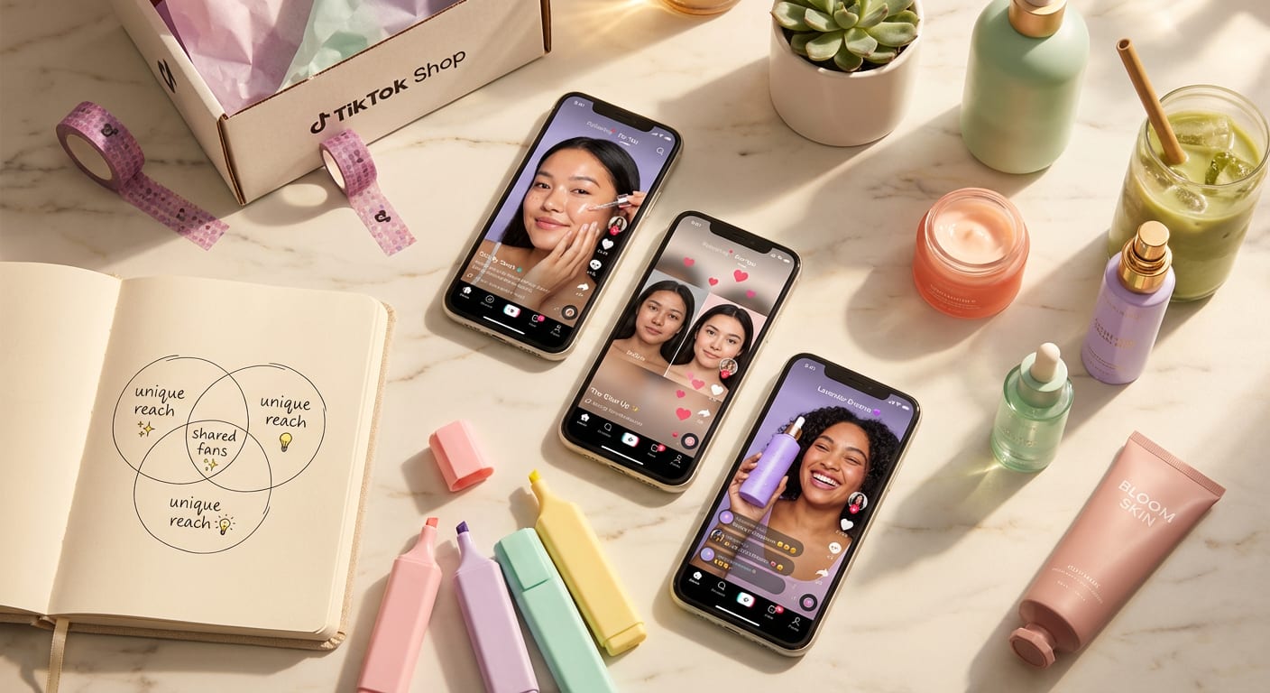 Flat lay of phones showing TikTok Shop creator profiles with skincare products and audience mapping notes