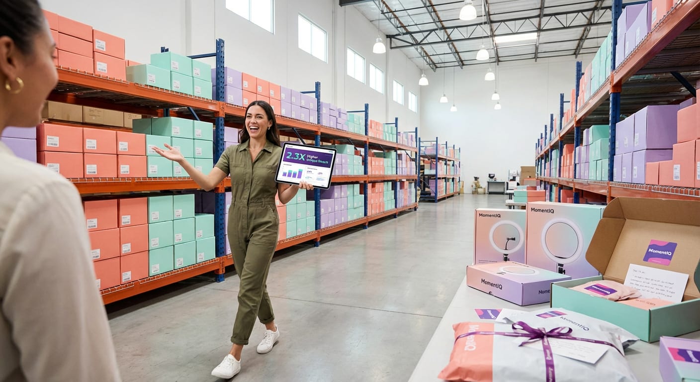 TikTok Shop seller reviewing revenue growth dashboard while walking through organized fulfillment warehouse