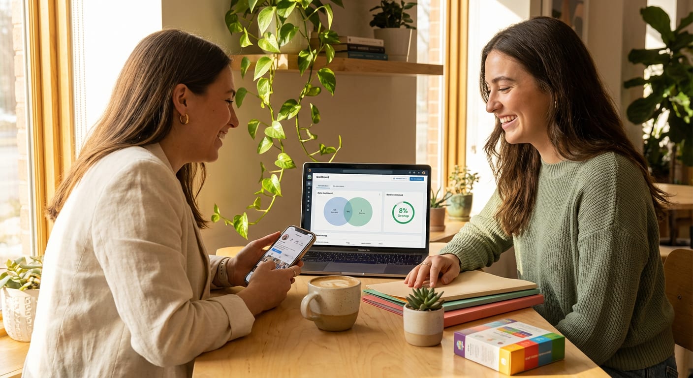 Two marketing professionals reviewing TikTok Shop influencer audience overlap report together in bright workspace