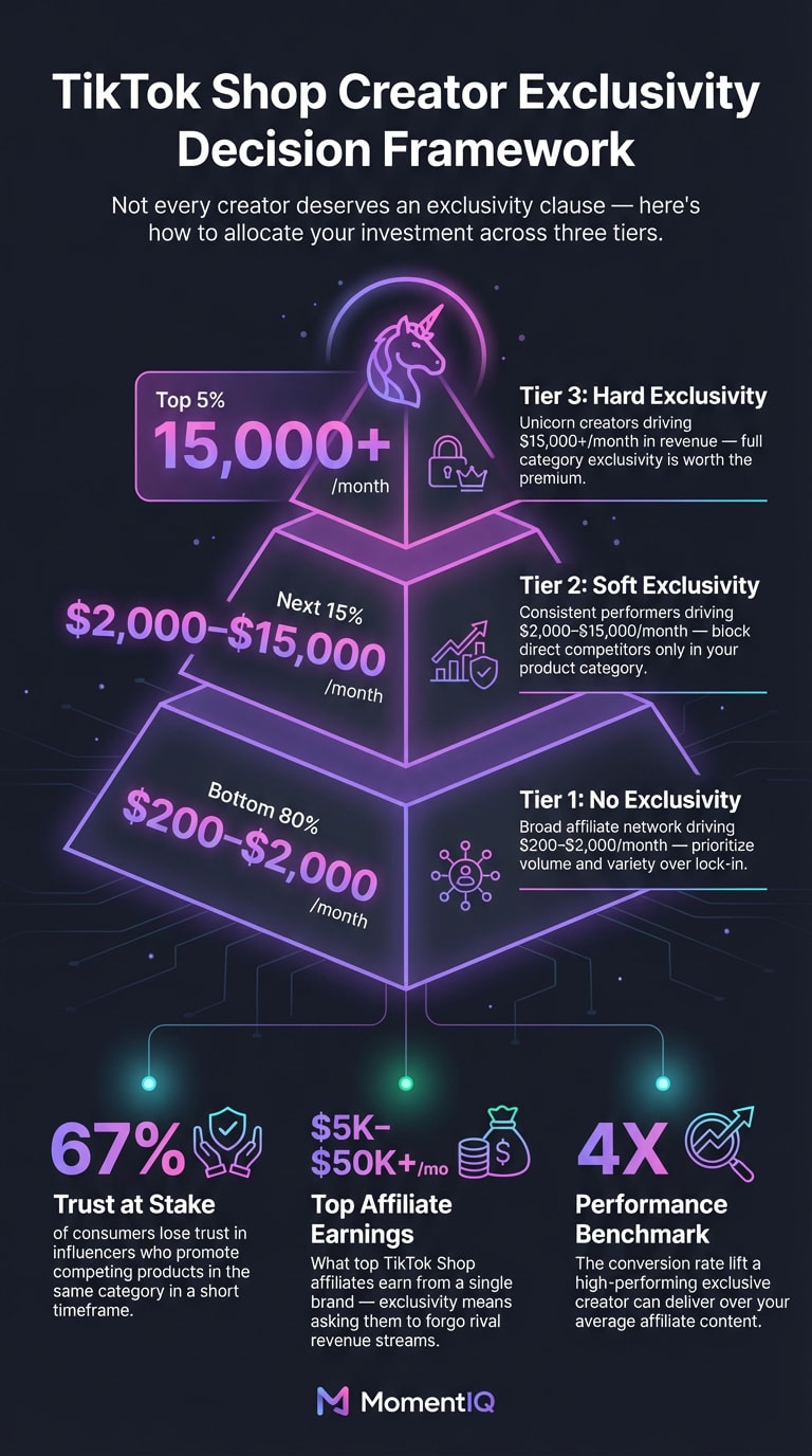 Pyramid infographic showing TikTok Shop creator exclusivity tiers: top 5% get hard exclusivity at $15K+ per month revenue, next 15% get soft category exclusivity at $2K-$15K per month, and bottom 80% need no exclusivity at $200-$2K per month, with supporting stats on 67% consumer trust loss, $5K-$50K+ monthly affiliate earnings, and 4X conversion rate lift