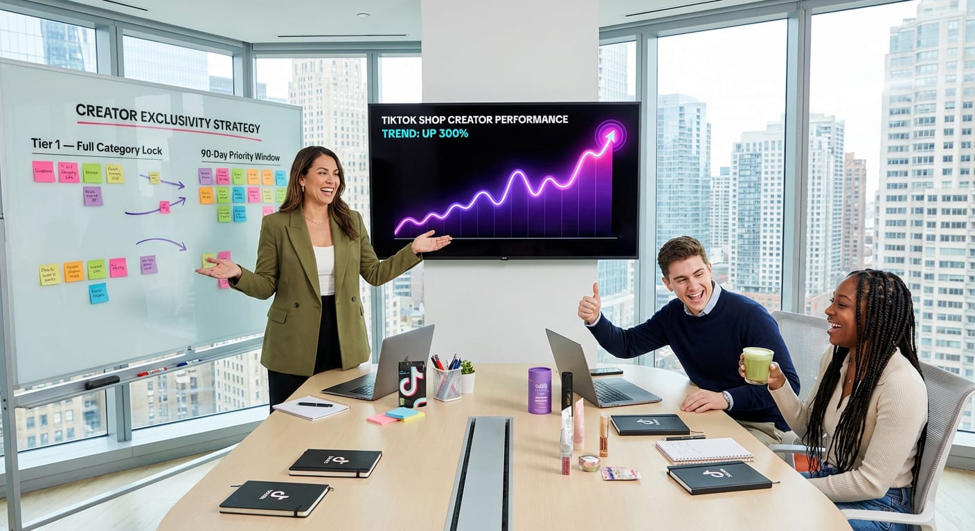 Brand strategist presenting TikTok Shop creator performance analytics to excited team in modern office with growth strategy whiteboard