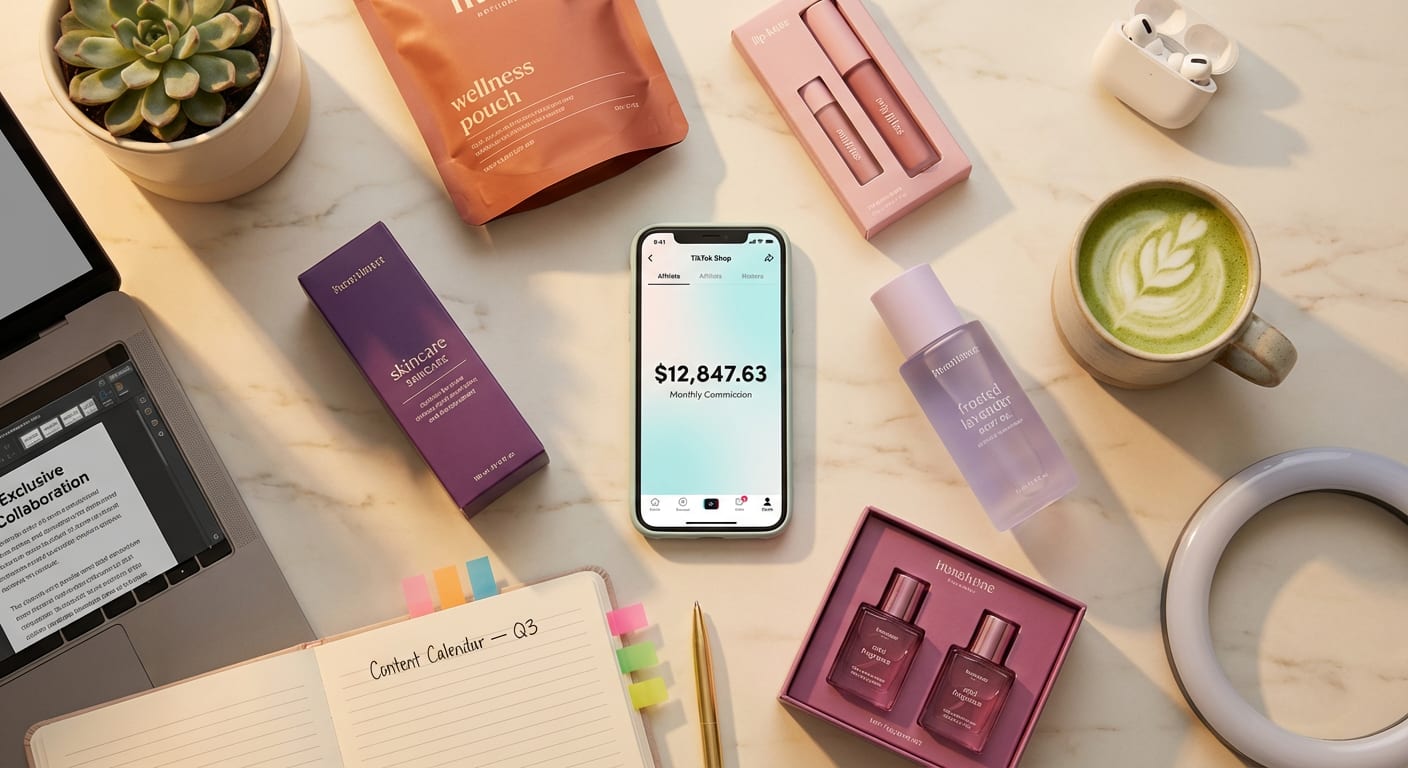 Flat lay of TikTok Shop affiliate dashboard showing strong earnings alongside branded products and creator workspace essentials