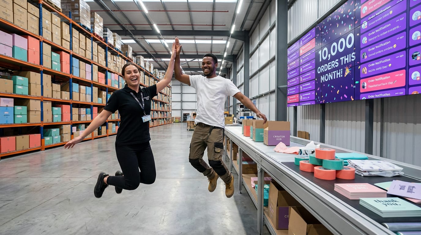 Team celebrating 10000 TikTok Shop orders milestone in organized warehouse with real-time order dashboard and branded packaging