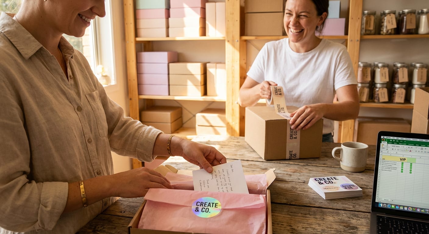 Team joyfully preparing TikTok Shop product seeding packages in organized fulfillment space with branded packaging and creator tier tracking