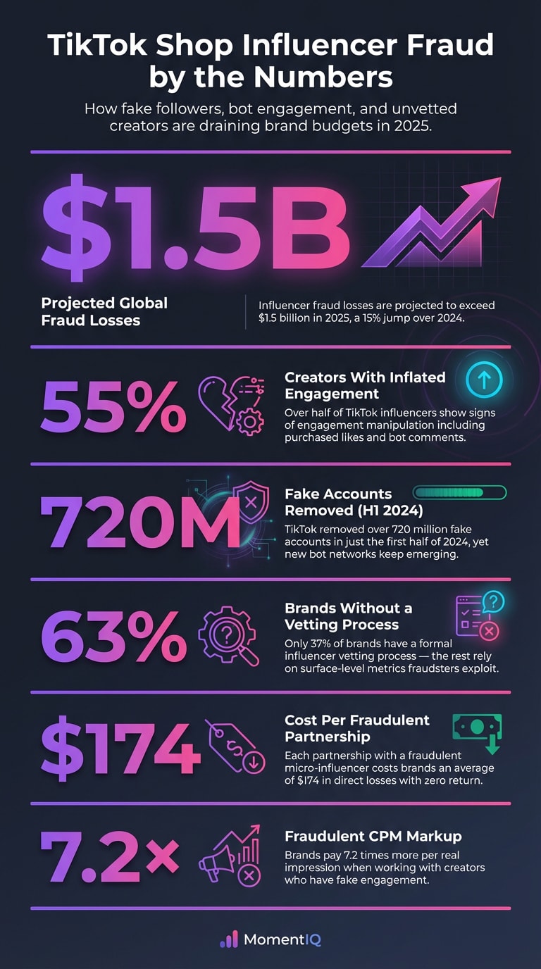 Infographic showing 6 key TikTok Shop influencer fraud statistics for 2025 including $1.5 billion in projected losses, 55% of creators with inflated engagement, 720 million fake accounts removed, 63% of brands lacking vetting processes, $174 average loss per fraudulent partnership, and 7.2x higher CPM for fraudulent creator content