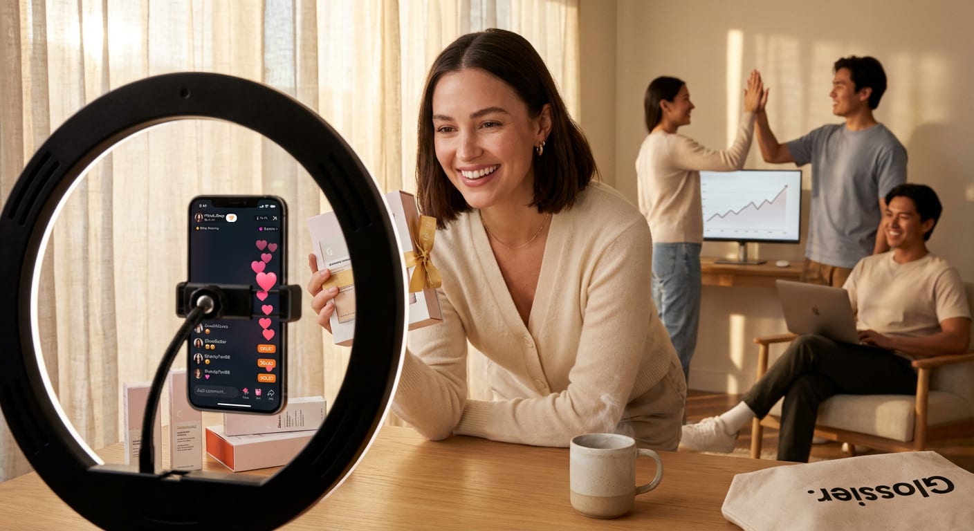Energetic TikTok Shop live stream with real engagement, SOLD notifications, and team celebrating rising sales