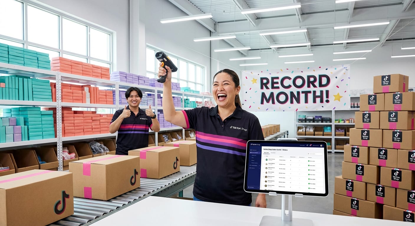 Organized TikTok Shop warehouse fulfillment scene with record sales banner and orders from verified creator affiliates